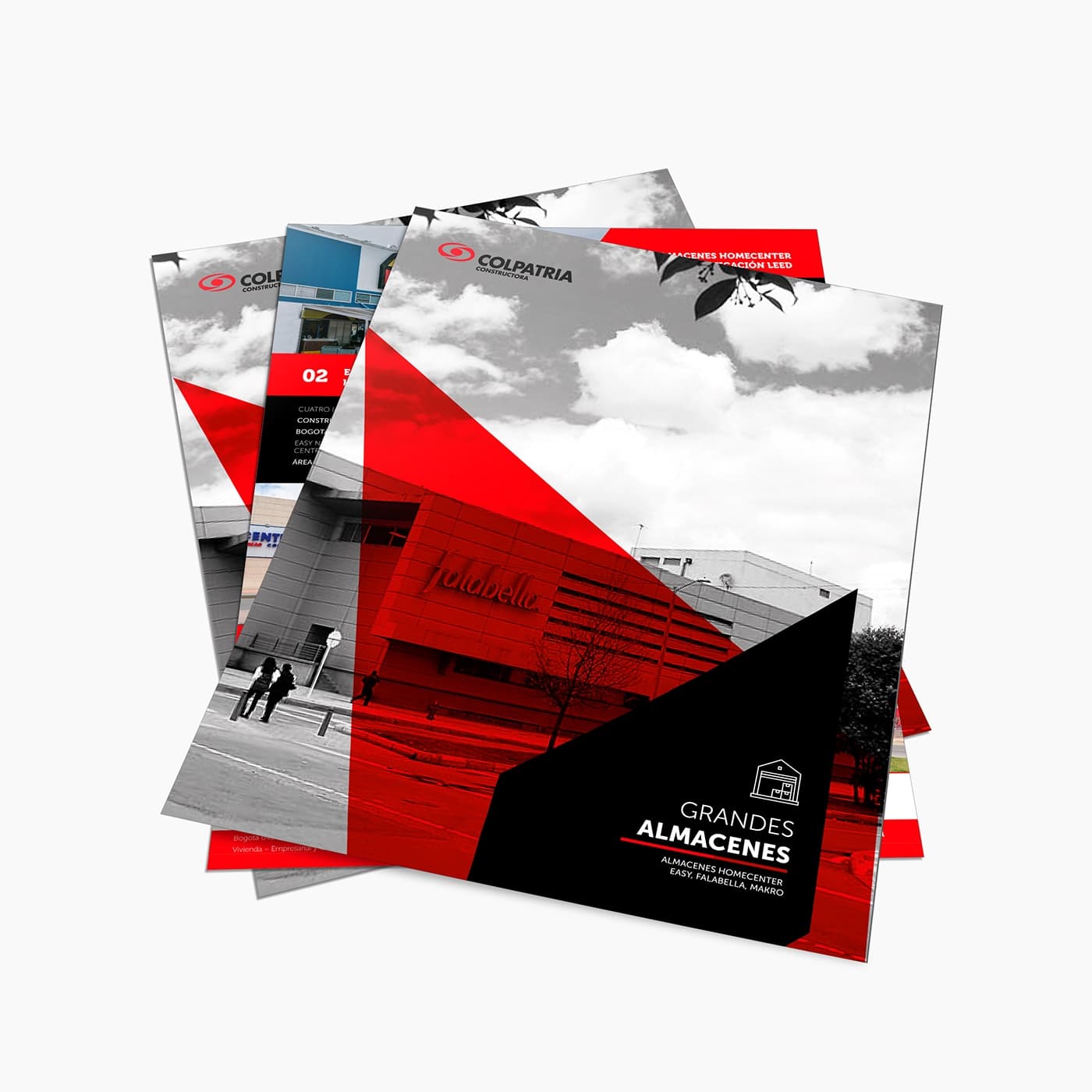Brochures en rojo y negro de la línea de almacenes