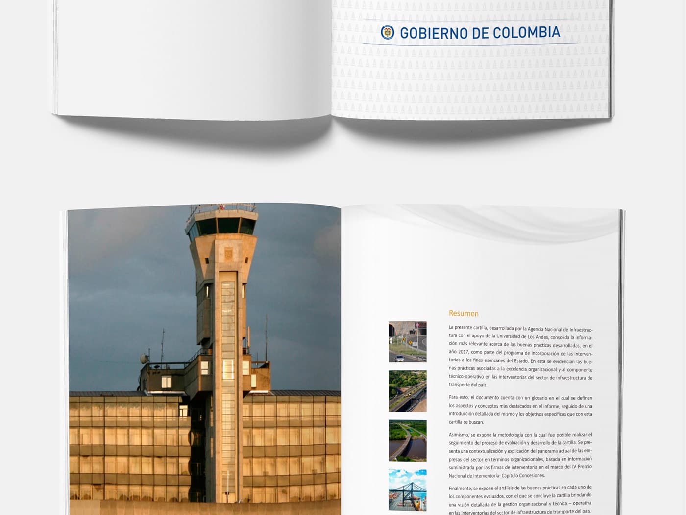 Cartilla abierta con la fotografía de la torre de control de un aeropuerto