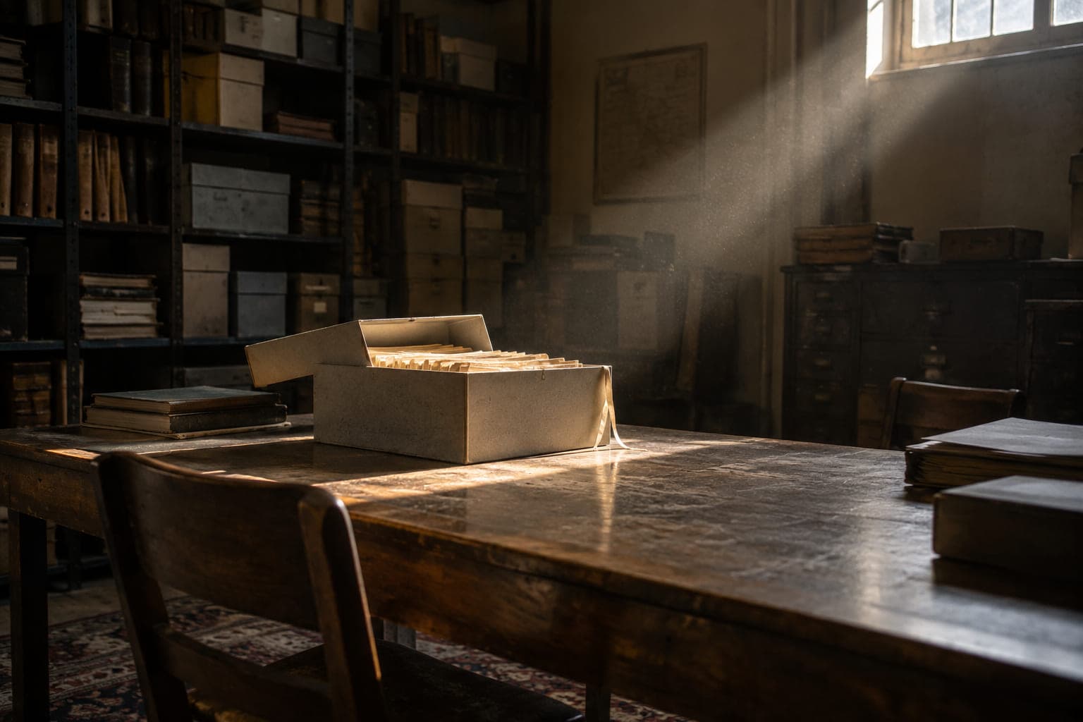 Un haz de luz entra por una ventana alta en una sala de archivo