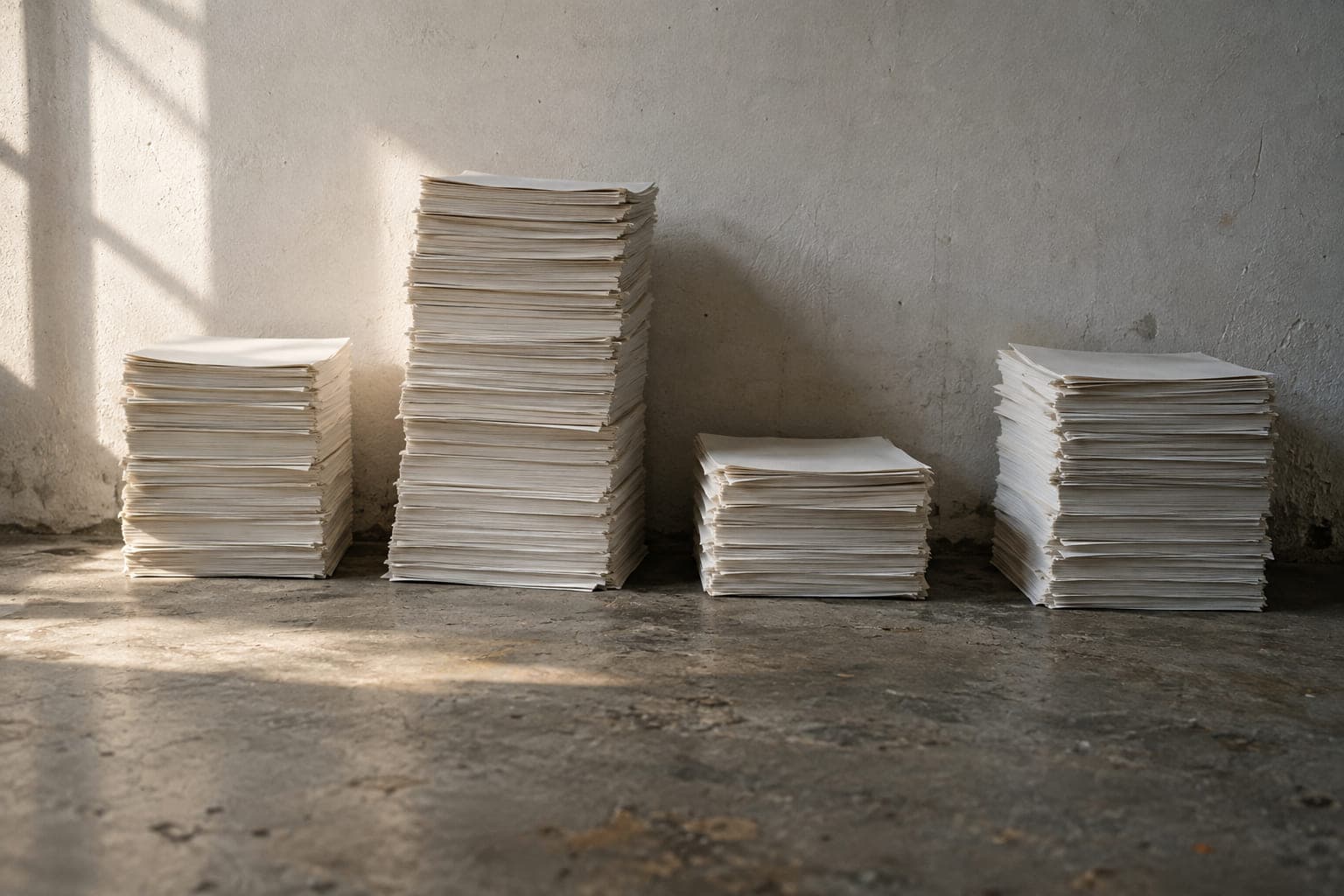 Cuatro pilas de papel de alturas desiguales contra un muro