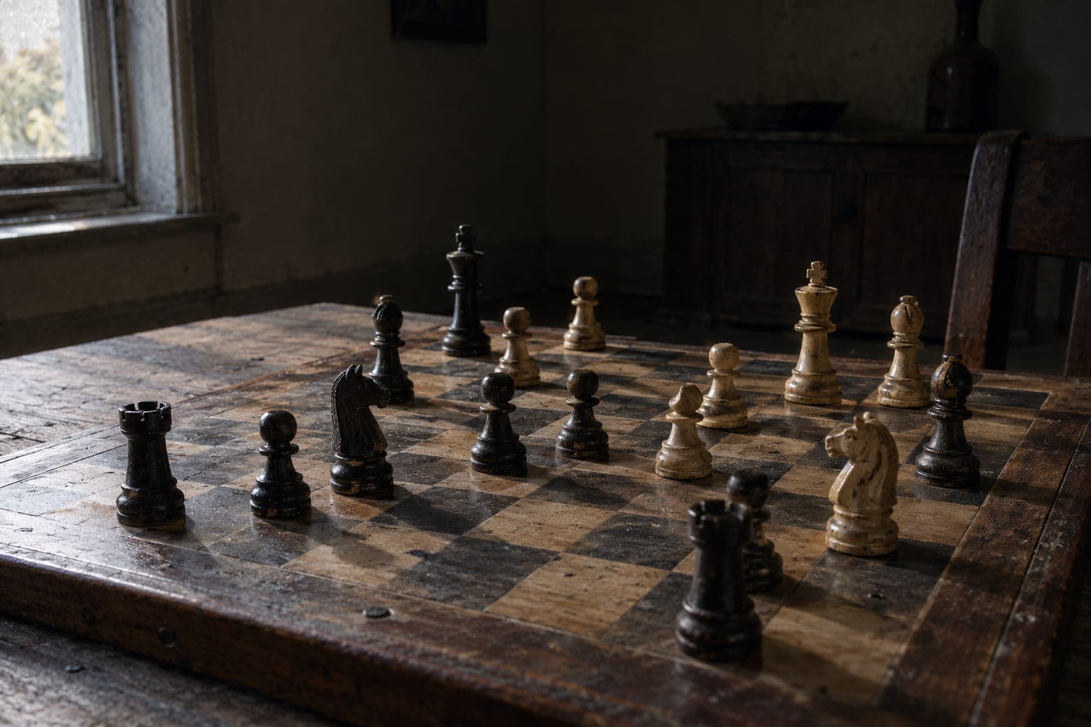 Una partida de ajedrez a medio jugar sobre una mesa de madera