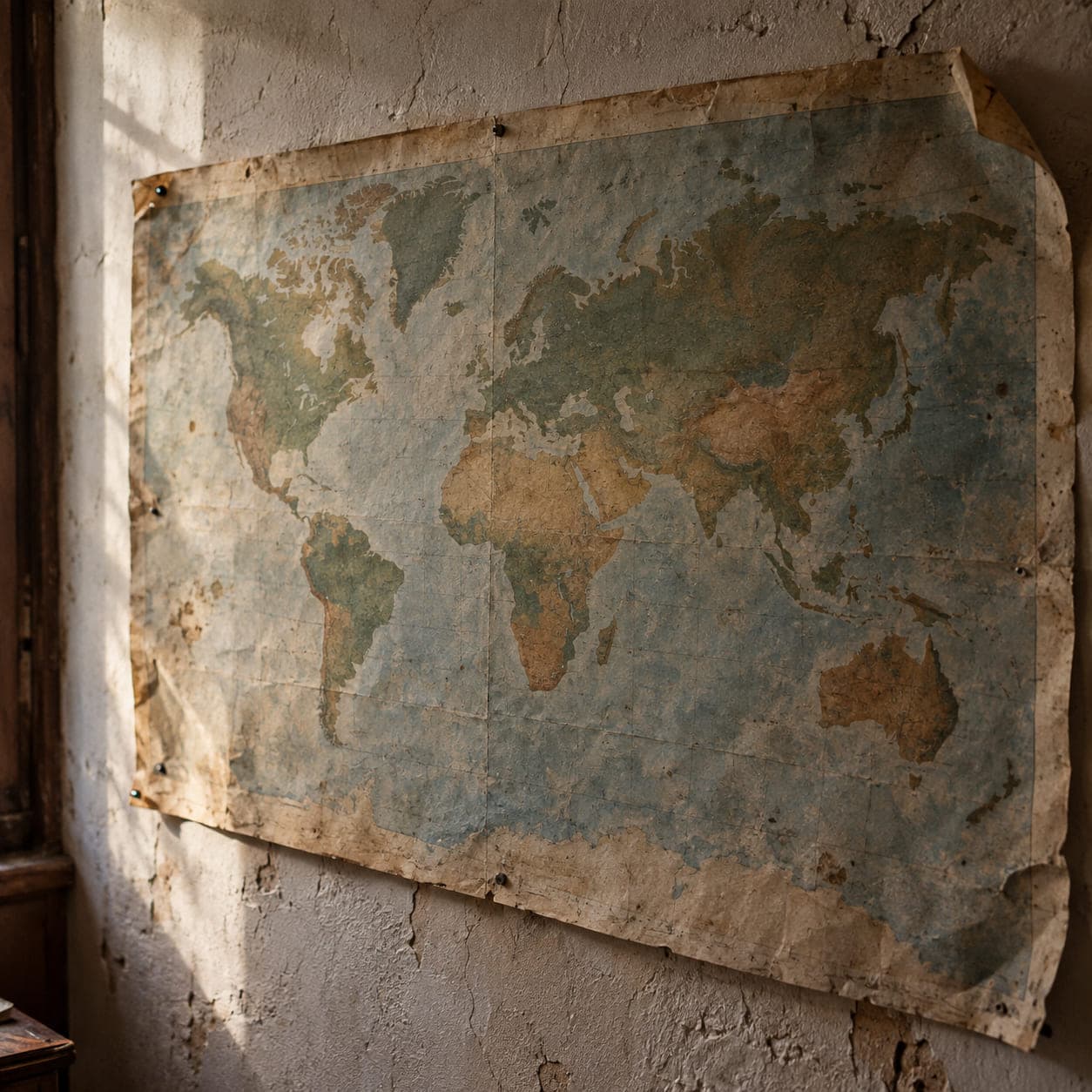 Un mapa del mundo gastado, clavado en un muro de yeso